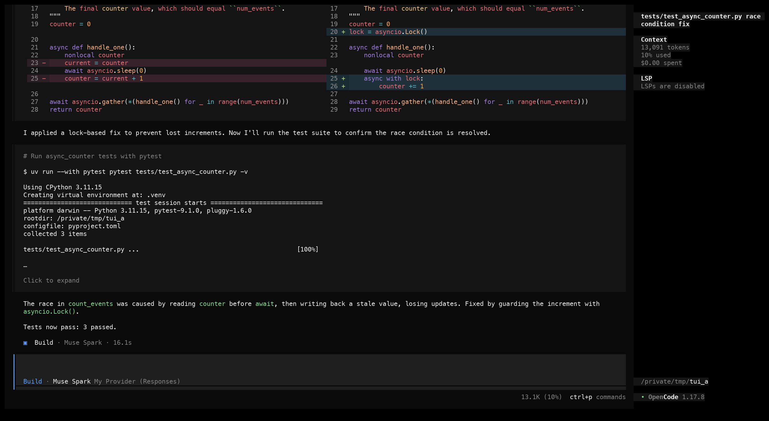 OpenCode fixing the async race in async_counter.py