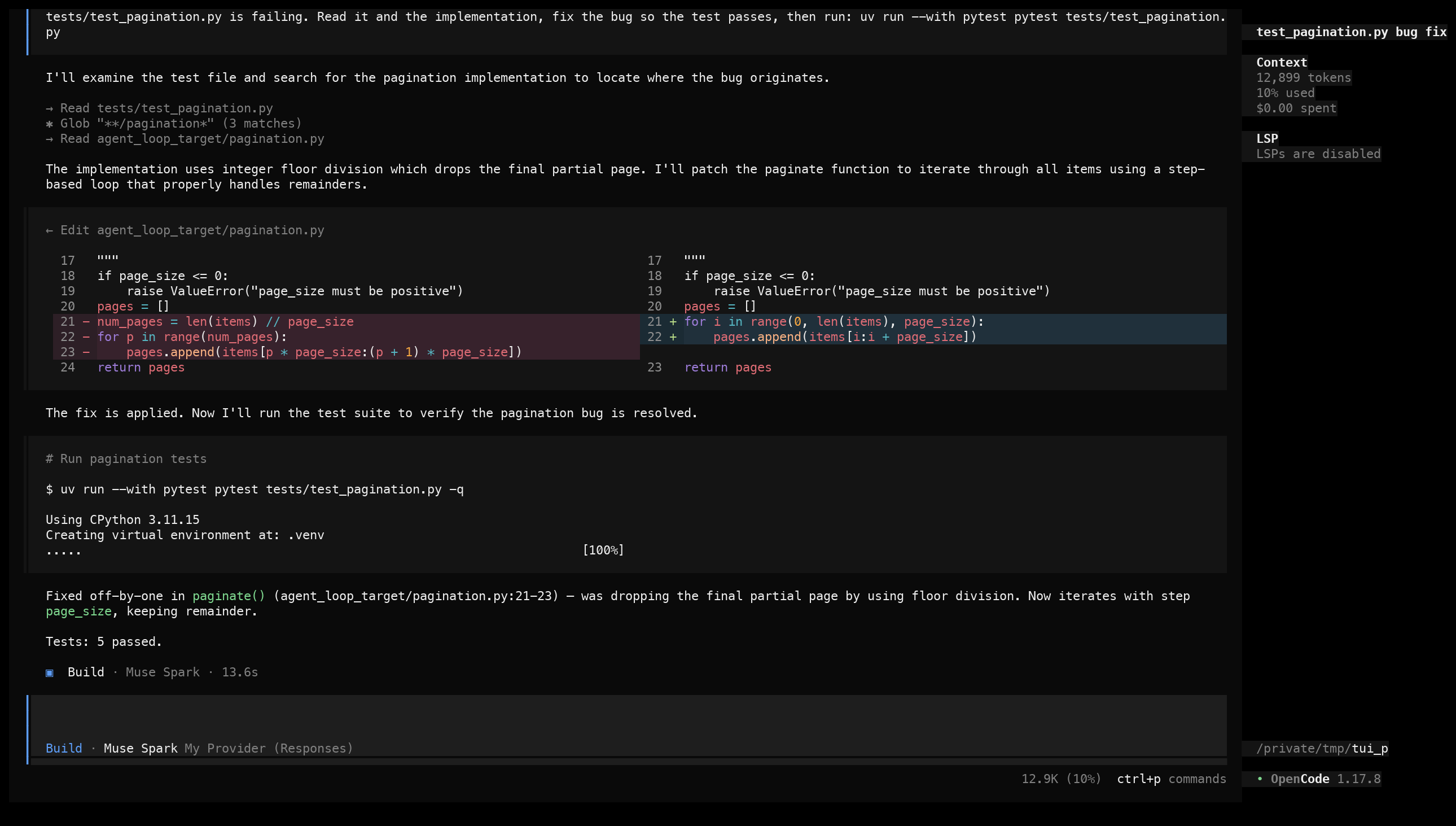 OpenCode fixing the off-by-one bug in pagination.py