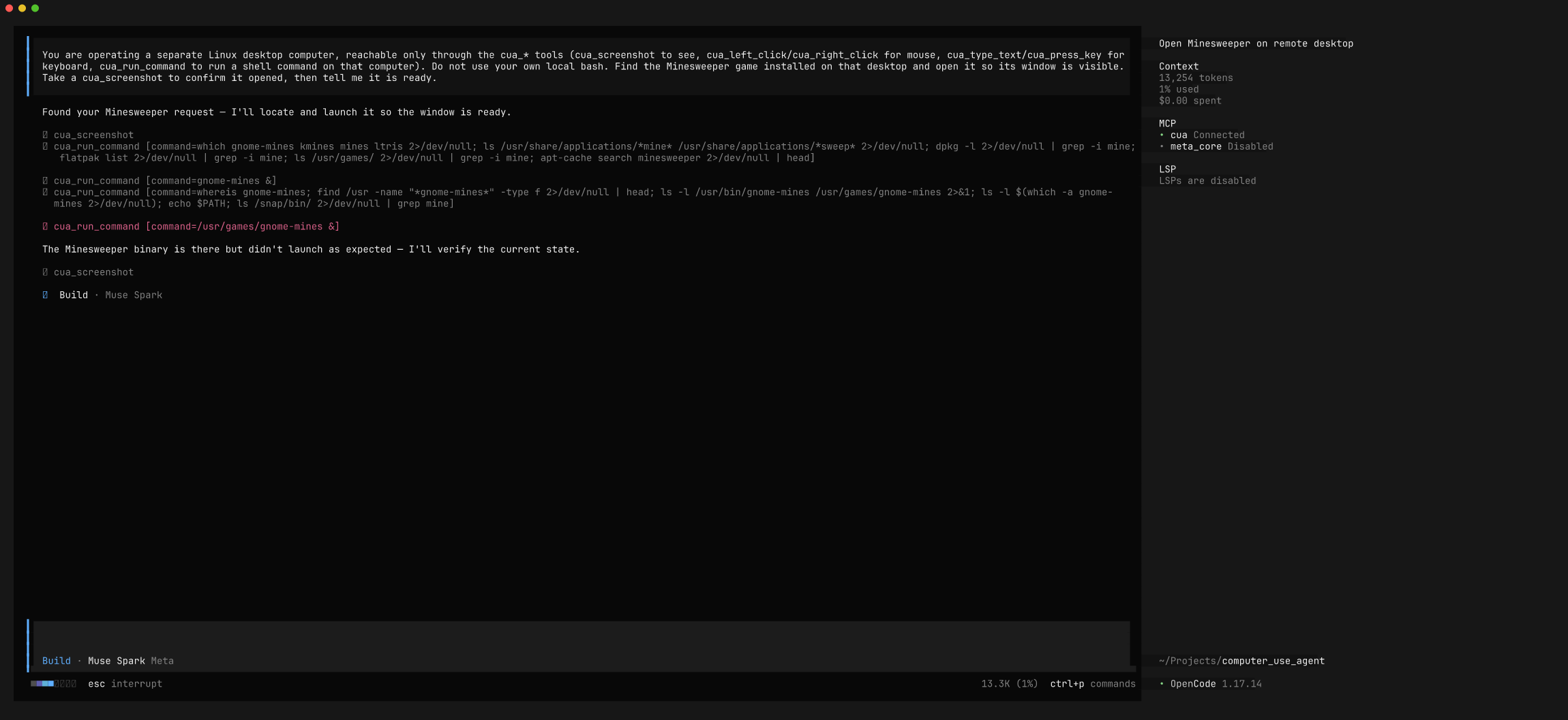 Muse Spark locating and launching GNOME Mines through the cua shell tool