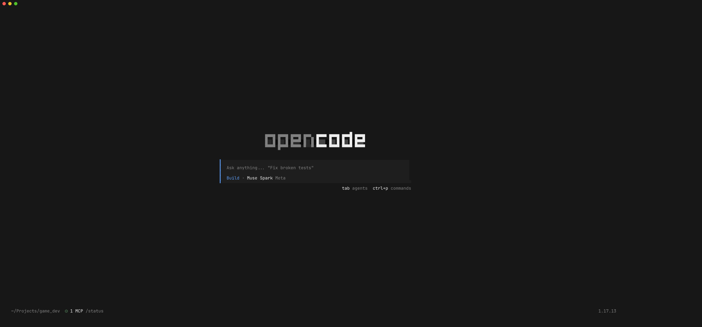 OpenCode welcome — Muse Spark selected, MCP connected