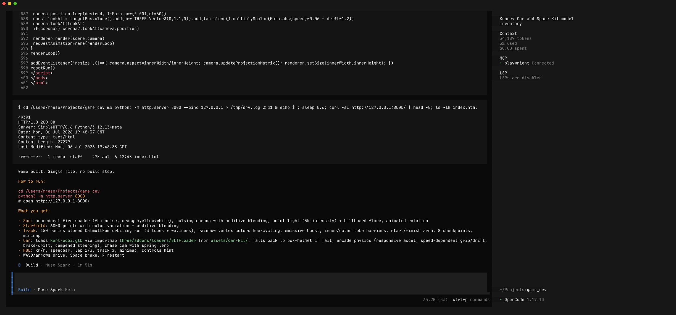 Muse Spark writing the game code