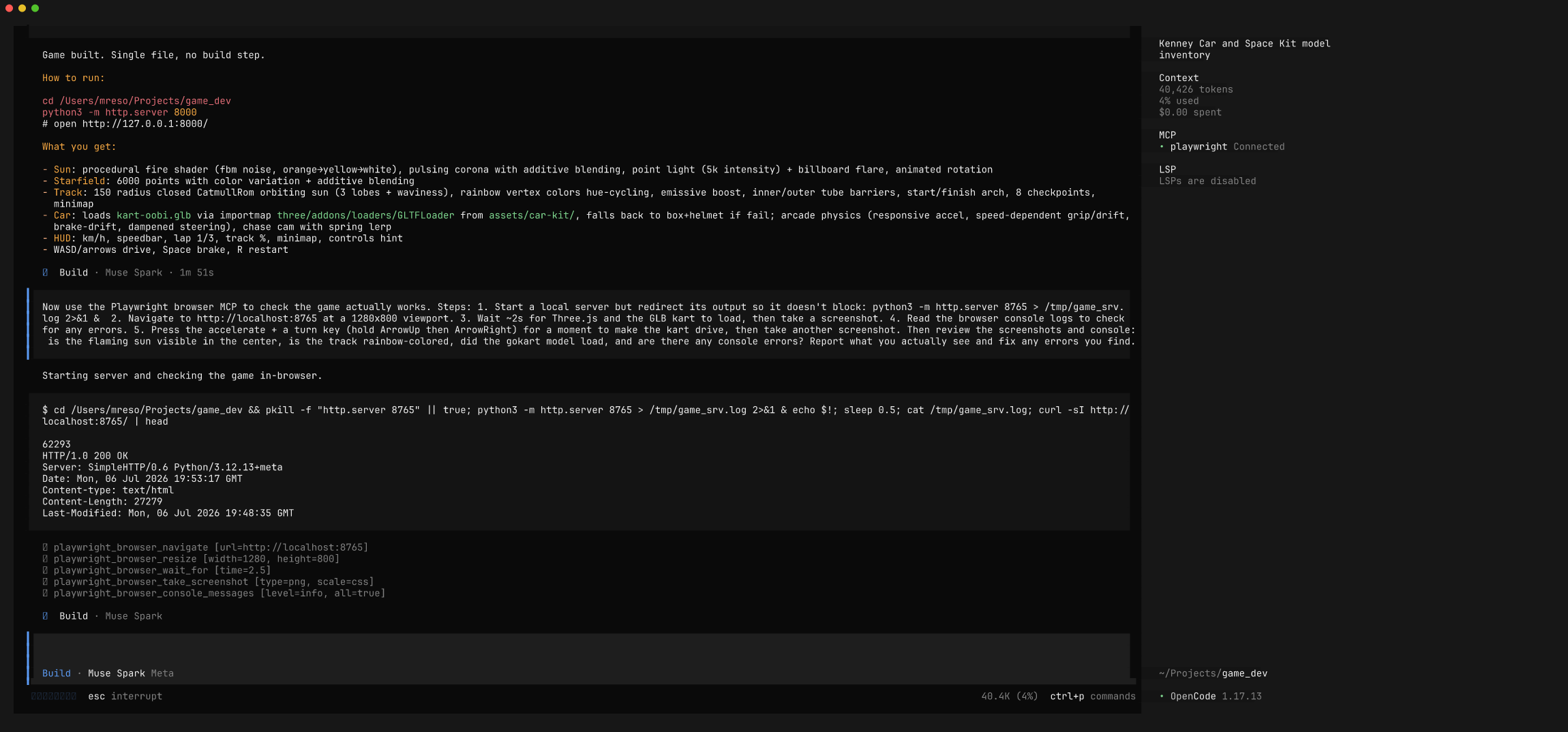 Muse Spark play-testing via the Playwright MCP — console, keys, screenshots