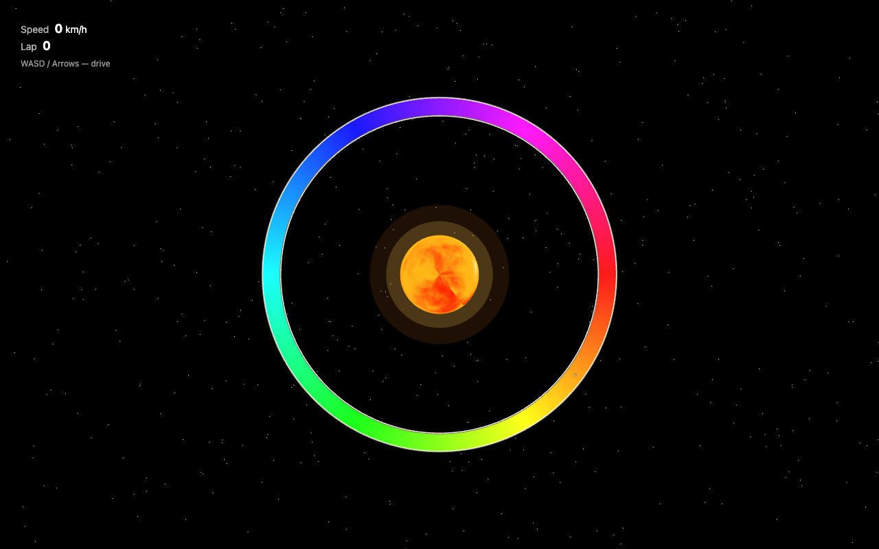 After refinement pass 1 — full rainbow ring around the flaming sun